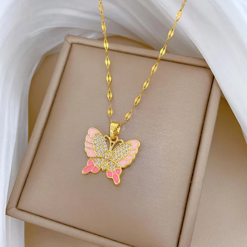 Zircon Butterfly Pendant Necklace | Gold Stainless Steel