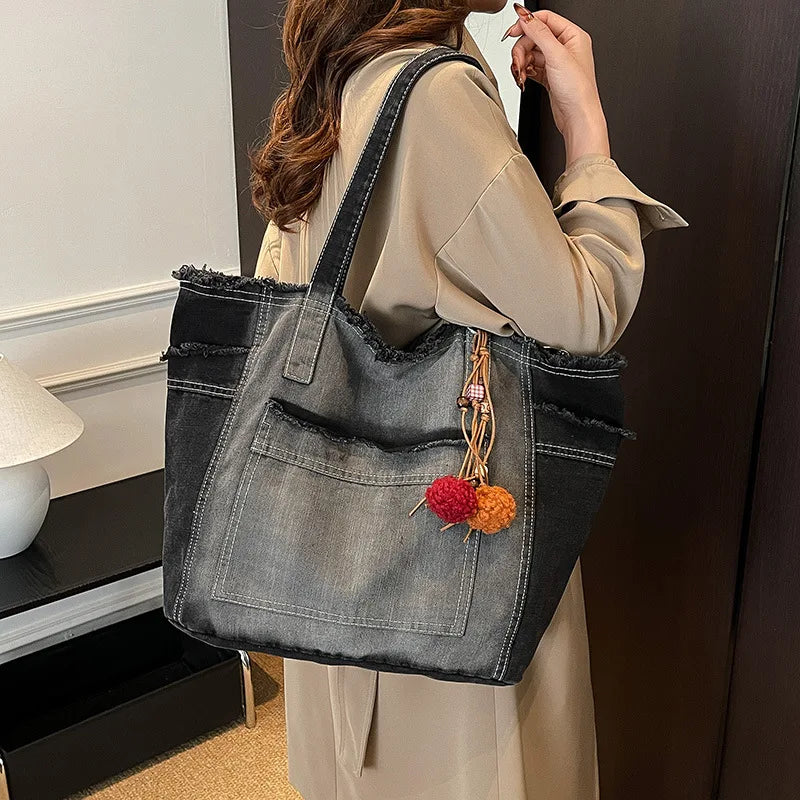 Japanese Washed Denim Tote Bag – Large Women's Shoulder Bag