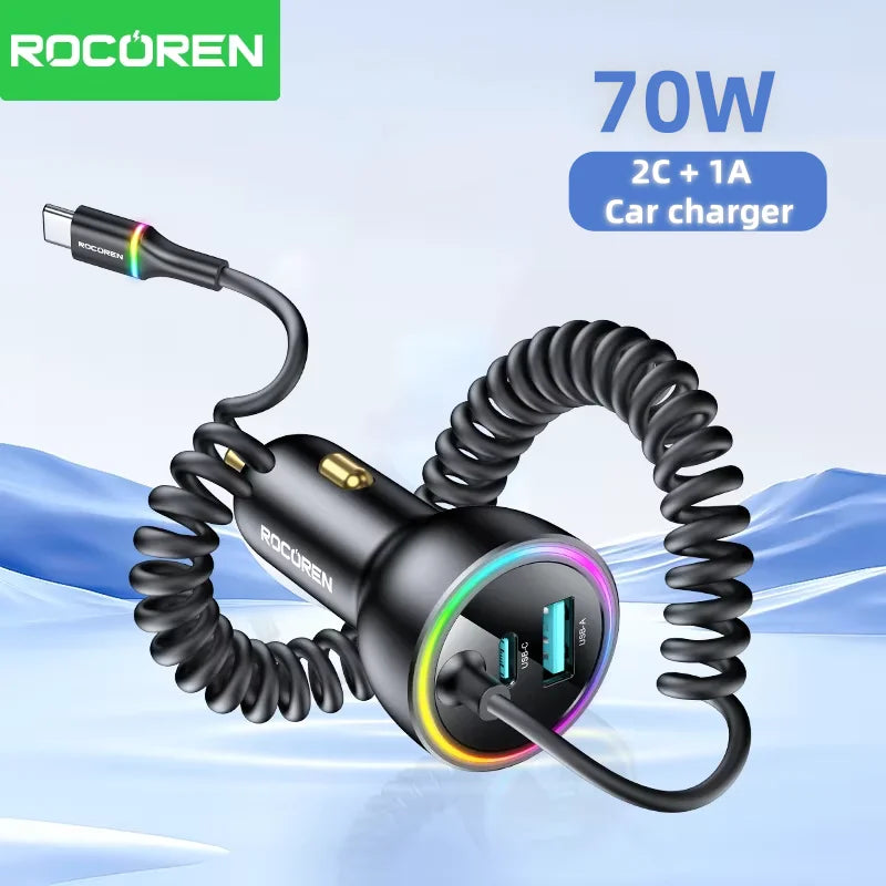 Rocoren 70W USB-C Car Charger + Spring Cable | Fast Charging
