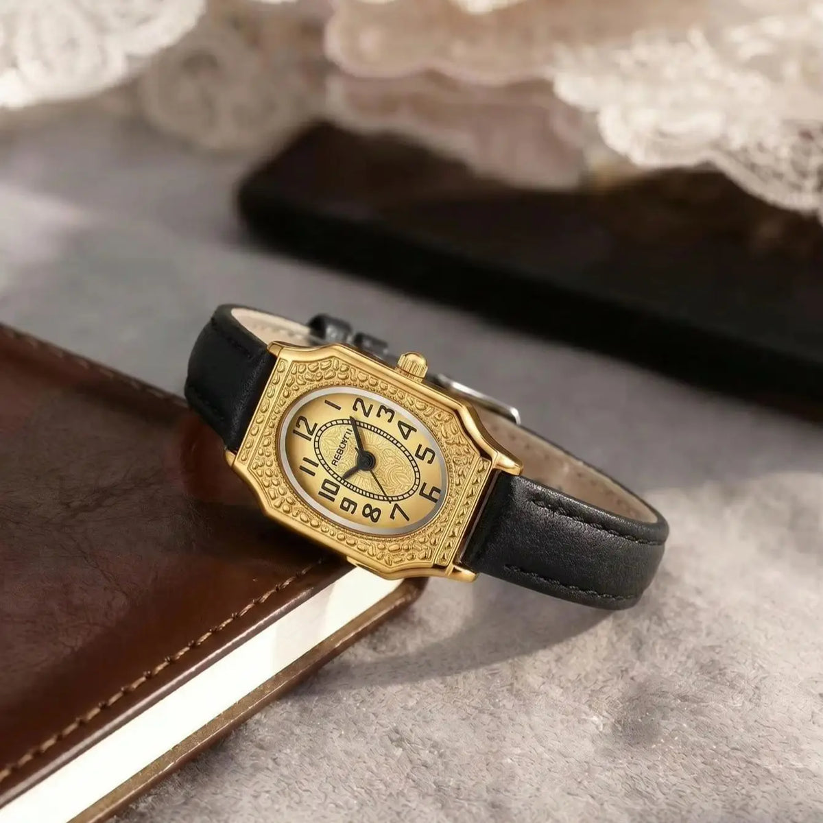 REBIRTH Women's Retro Quartz Watch – Oval Dial & Leather Strap