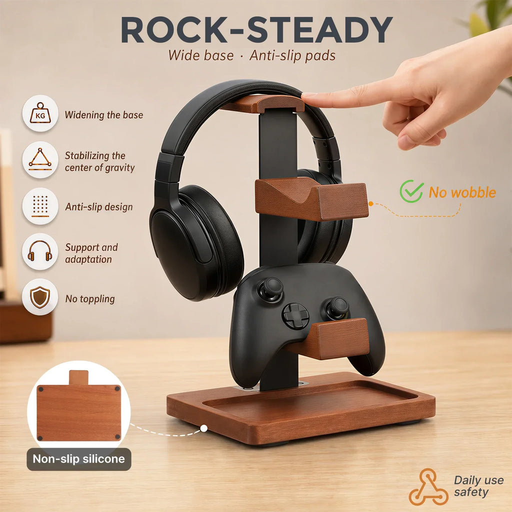 Solid Wood 3-Tier Headphone & Gamepad Organizer Stand
