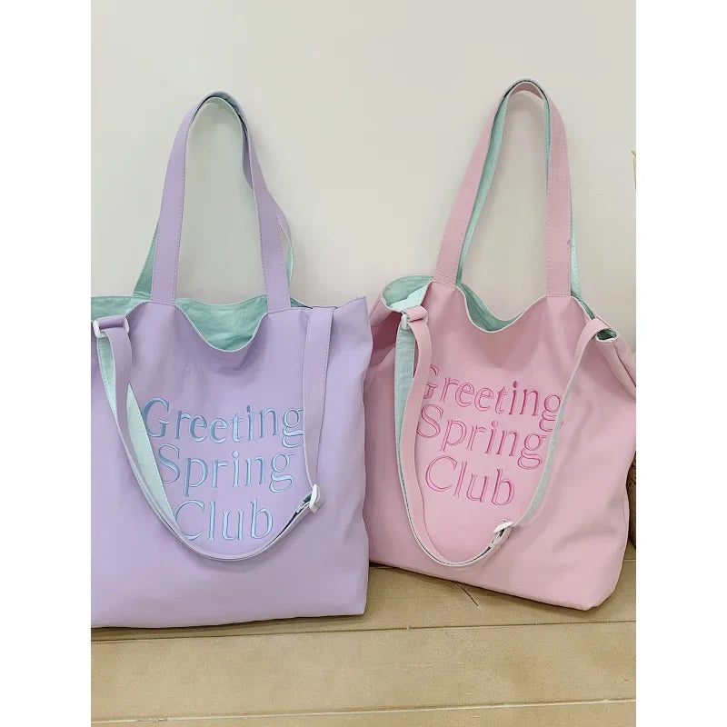 Korean Nylon Double-Sided Tote Bag | Letter Embroidery