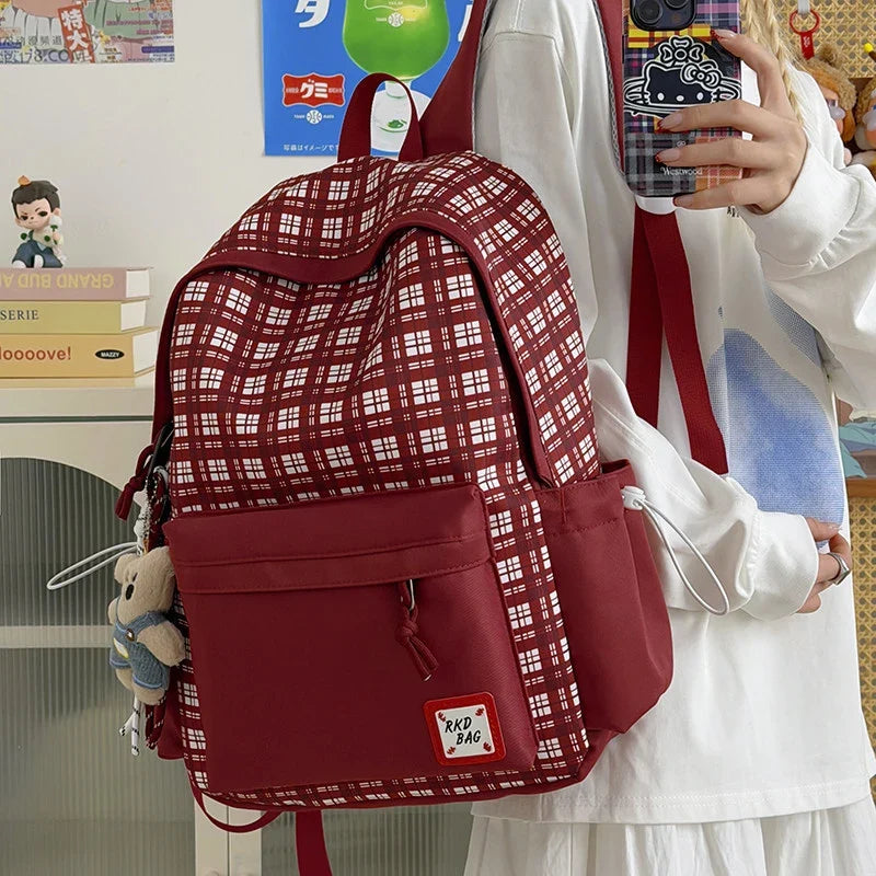 Korean Plaid Large Capacity Backpack for Women | School & Travel