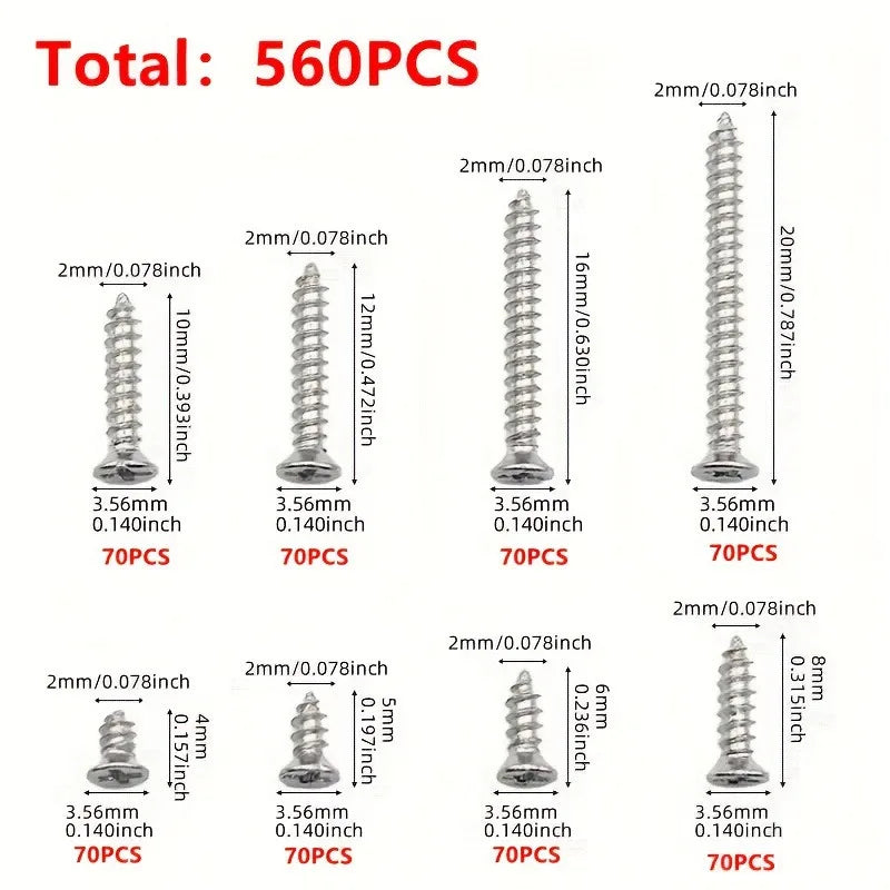 560pcs M2 Carbon Steel Phillips & Flat Head Screws Assortment