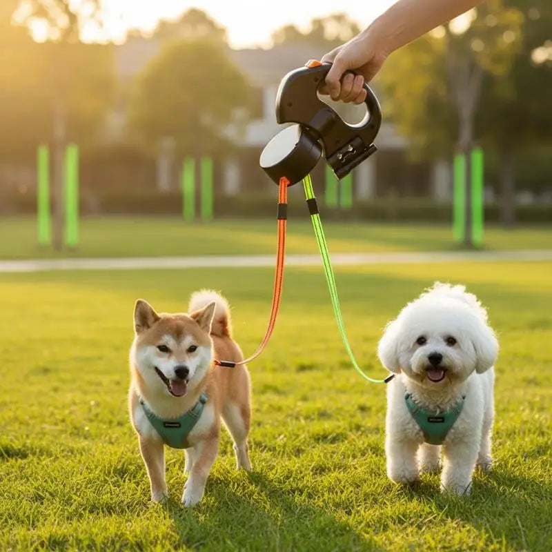 360° Double Dog Leash Retractable with Flashlight & Bag