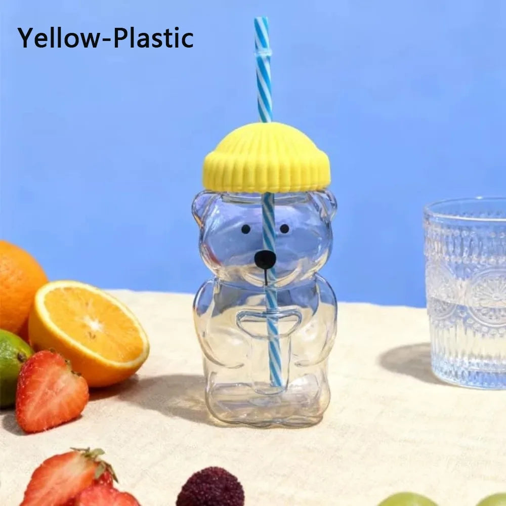 Teddy Bear Glass Cup with Lid & Straw – Large Capacity