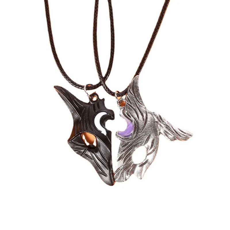 2PCS Silver Sheep & Wolf Couple Pendant Necklace Set
