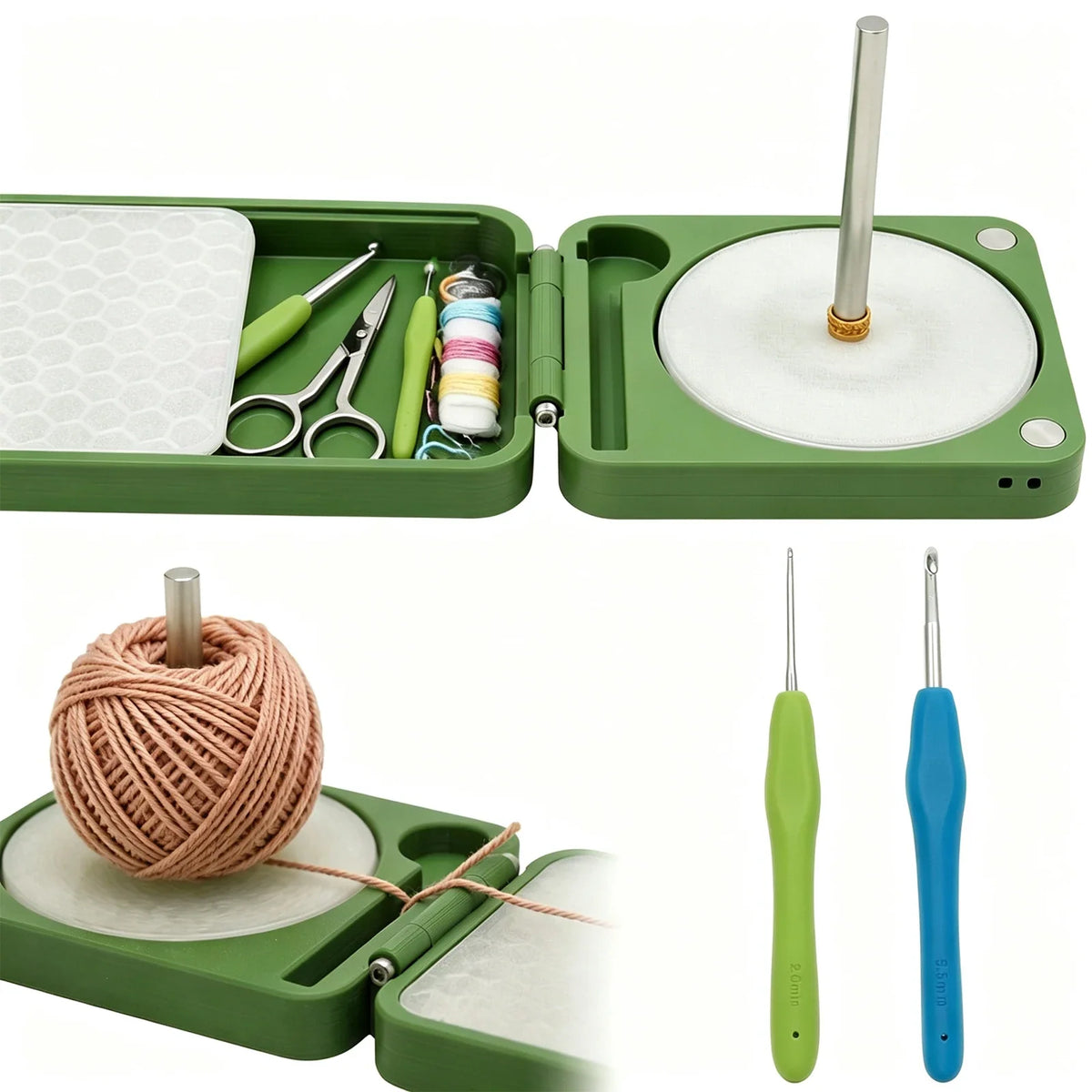 Foldable Portable Yarn Holder with Dual Spindles & Crochet Hooks