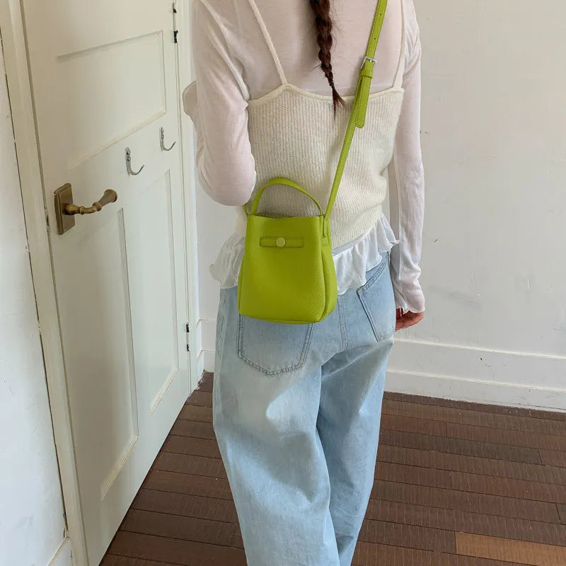 Korean Lychee Bucket Bag – Soft Leather Shoulder & Crossbody Bag