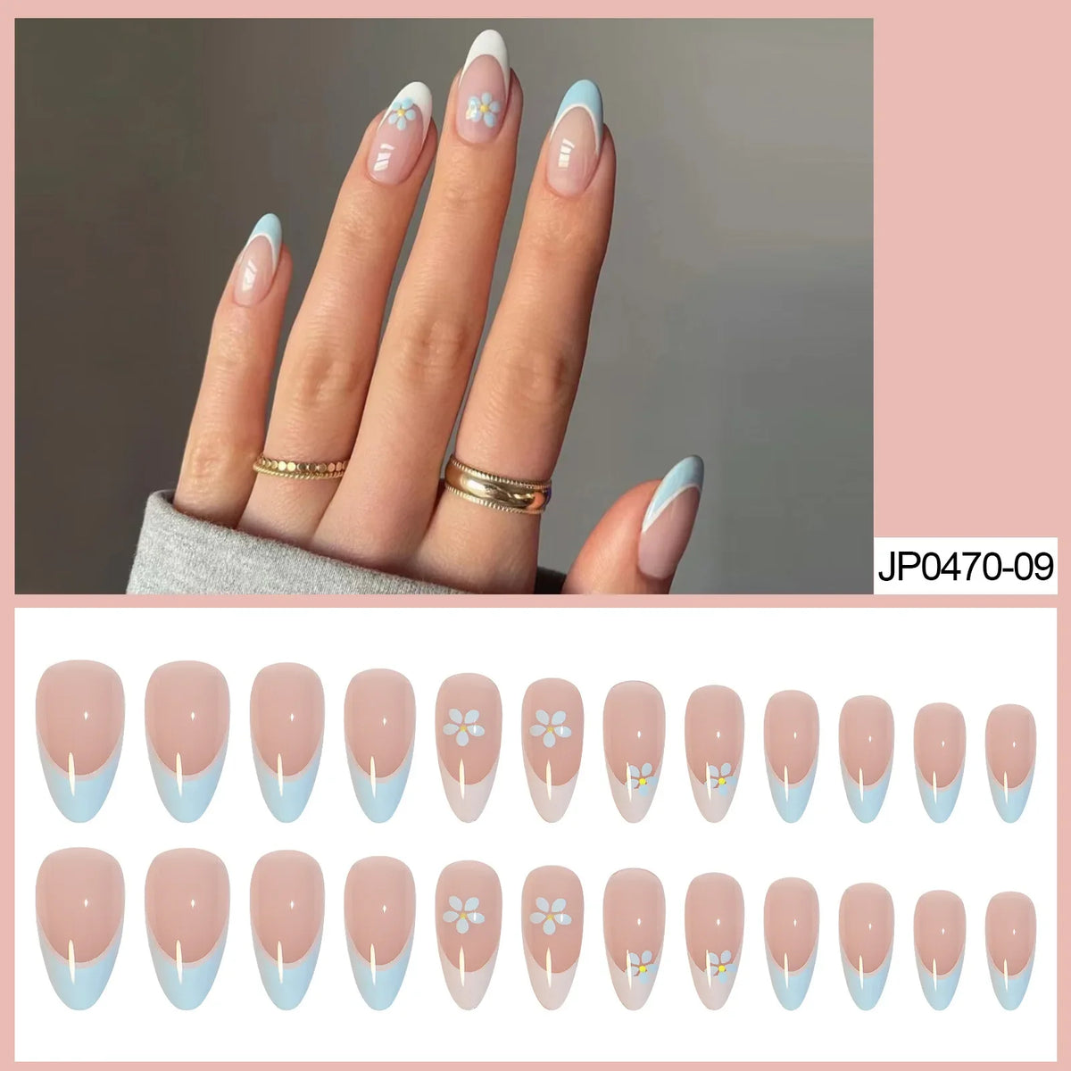 Handmade Nude Blue Floral Press-On Nails L – 24 Pcs Set