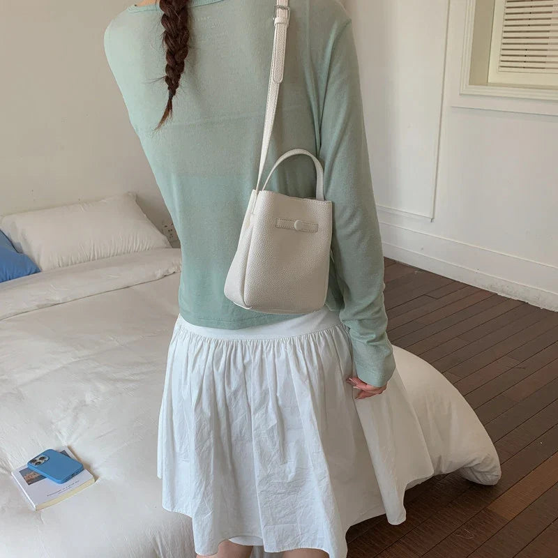 Korean Lychee Bucket Bag – Soft Leather Shoulder & Crossbody Bag
