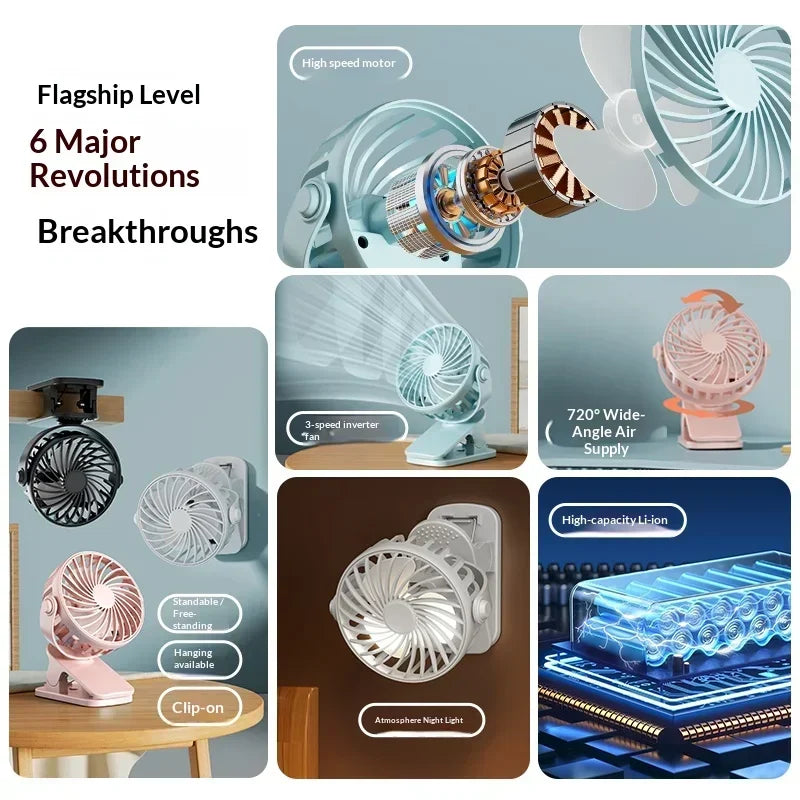 Portable Rechargeable Clip Fan – 720° Rotatable USB Desktop