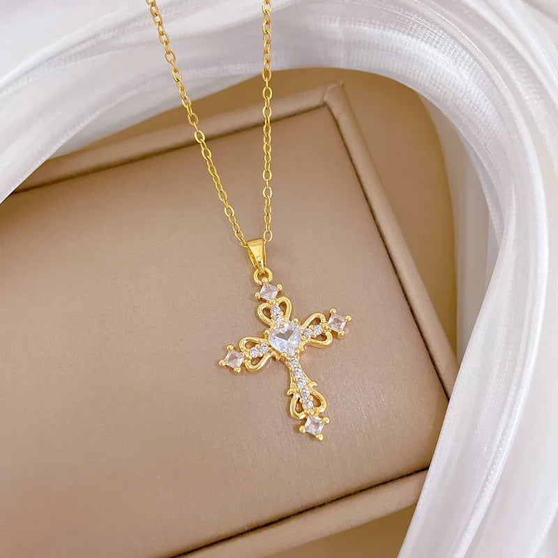 Women's Gold Cross Pendant Necklace – Stainless Steel Choker