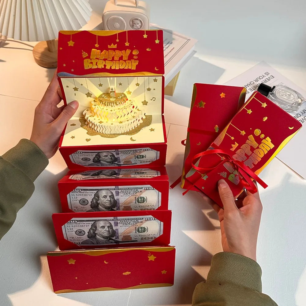 3D Pop-Up Birthday Card with LED Light & 6 Money Gift Slots