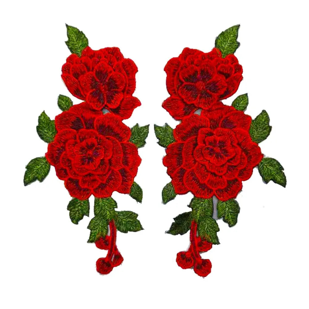 3D Flower Embroidery Sew-On Applique Patch Red 24x12cm