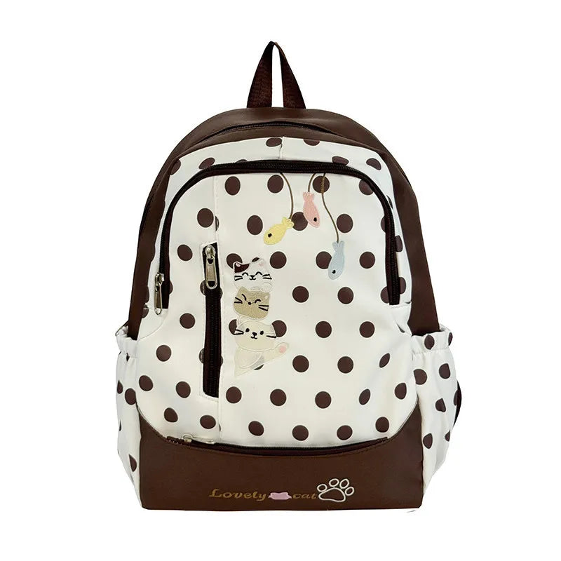 Cartoon Kitten Backpack – Korean Polka-Dot Lightweight Canvas