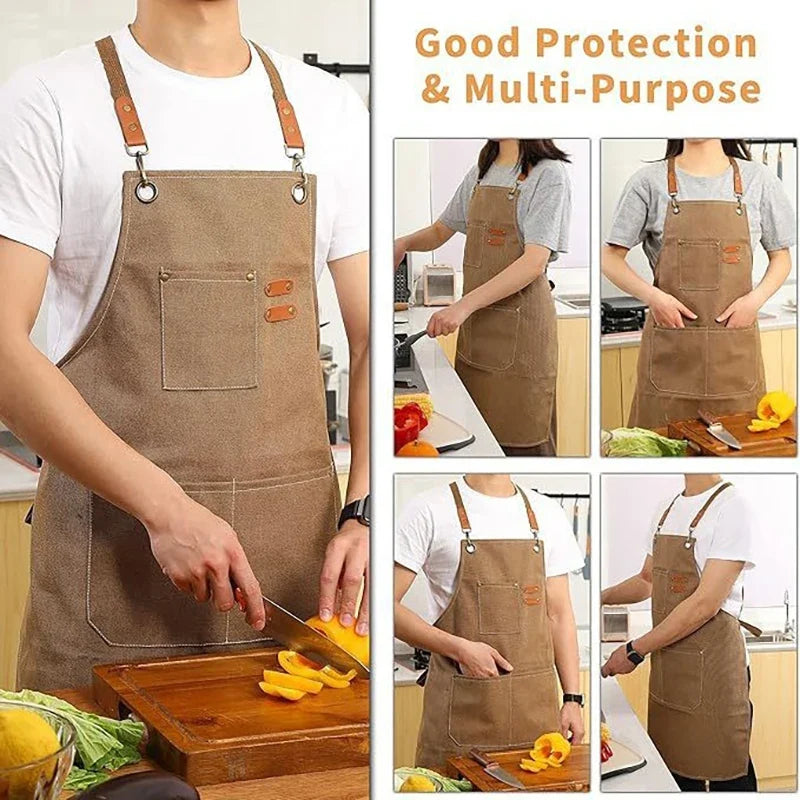 Canvas Apron with Tool Pockets – Oil-Proof Kitchen Apron