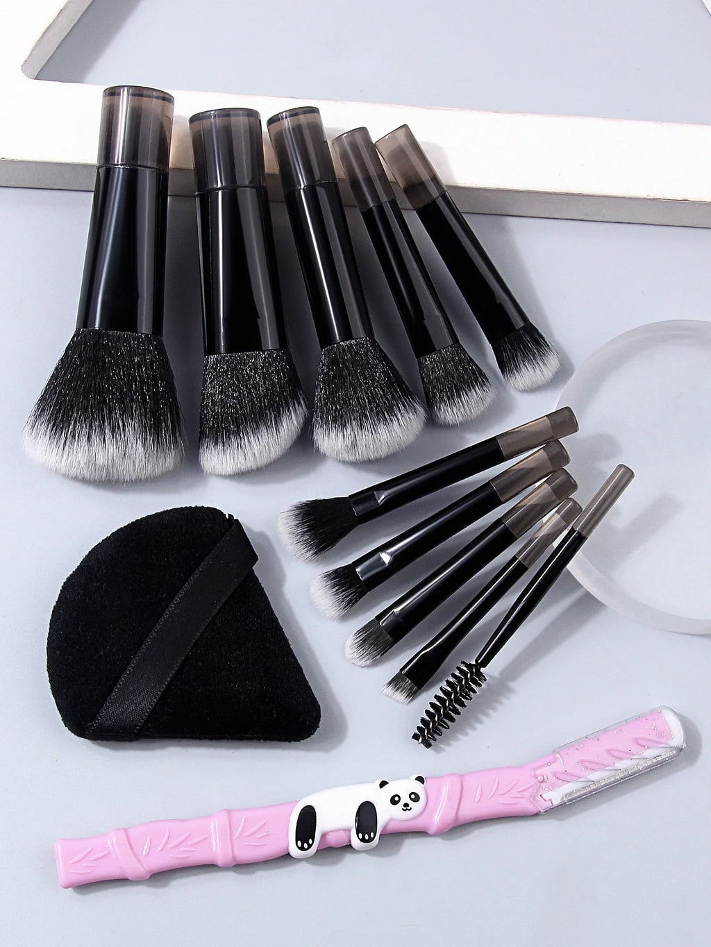 12Pc Mini Makeup Brush Set + Eyebrow Trimmer & Powder Puff