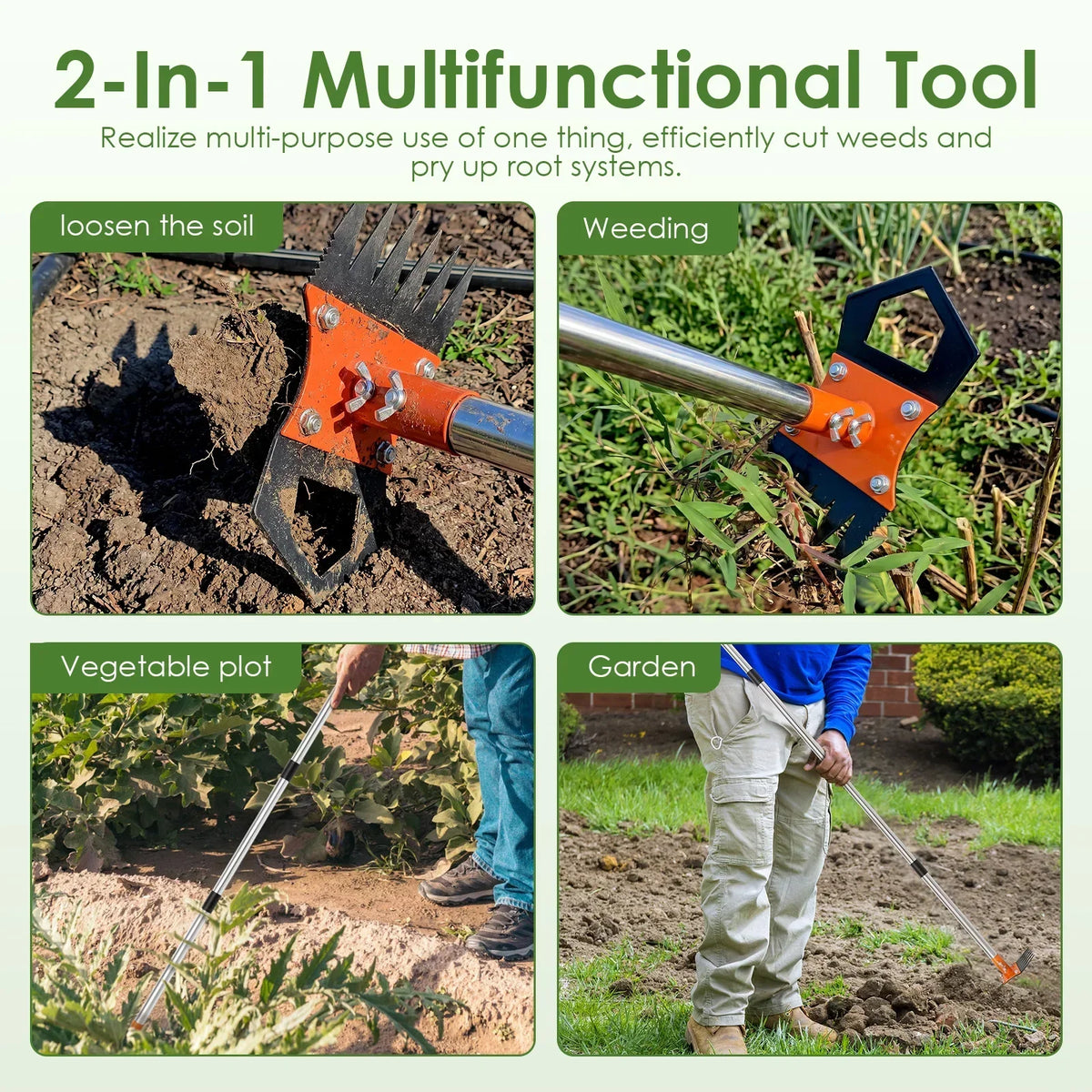 2-in-1 Garden Hoe & Weeding Rake – 60" Adjustable Handle