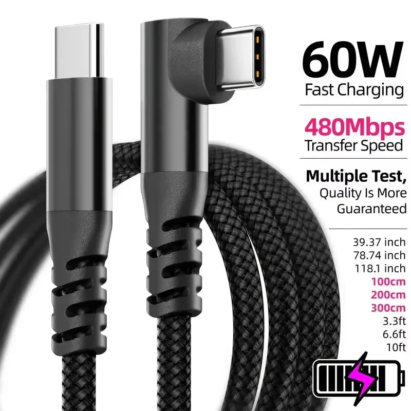 USB-C Braided Cable 1M/2M/3M – 60W PD Fast Charging & Data Sync
