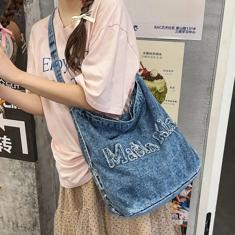 Women's Washed Denim Embroidered Backpack Tote | Nixie Bag