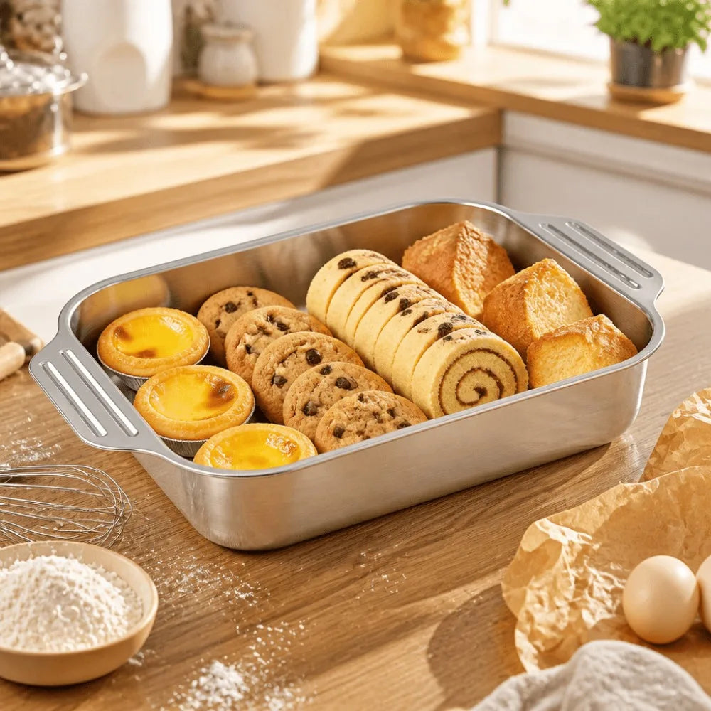 Stainless Steel Deep Baking Pan with Handles & Sponge