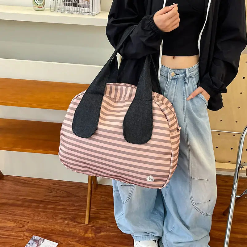 Vintage Striped Canvas Tote Bag | Korean-Style Shoulder Handbag