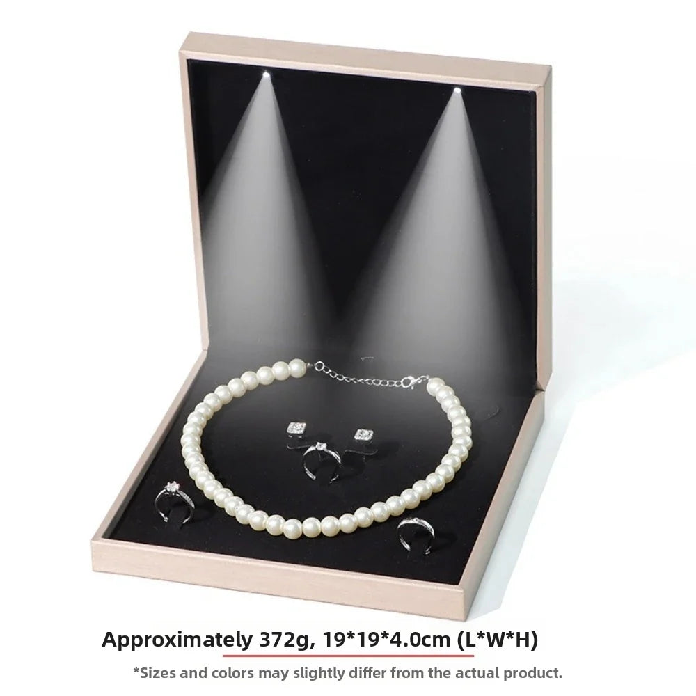 Luxury LED Jewelry Box Gold PU Leather Ring & Necklace Organizer