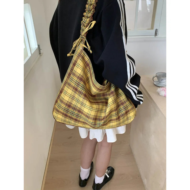 Plaid Canvas Crossbody Bag – Korean Style Commuter Tote