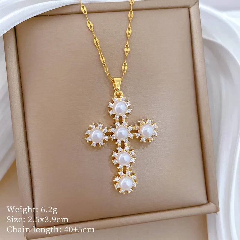Women's Gold Cross Pendant Necklace – Zircon & Stainless Steel