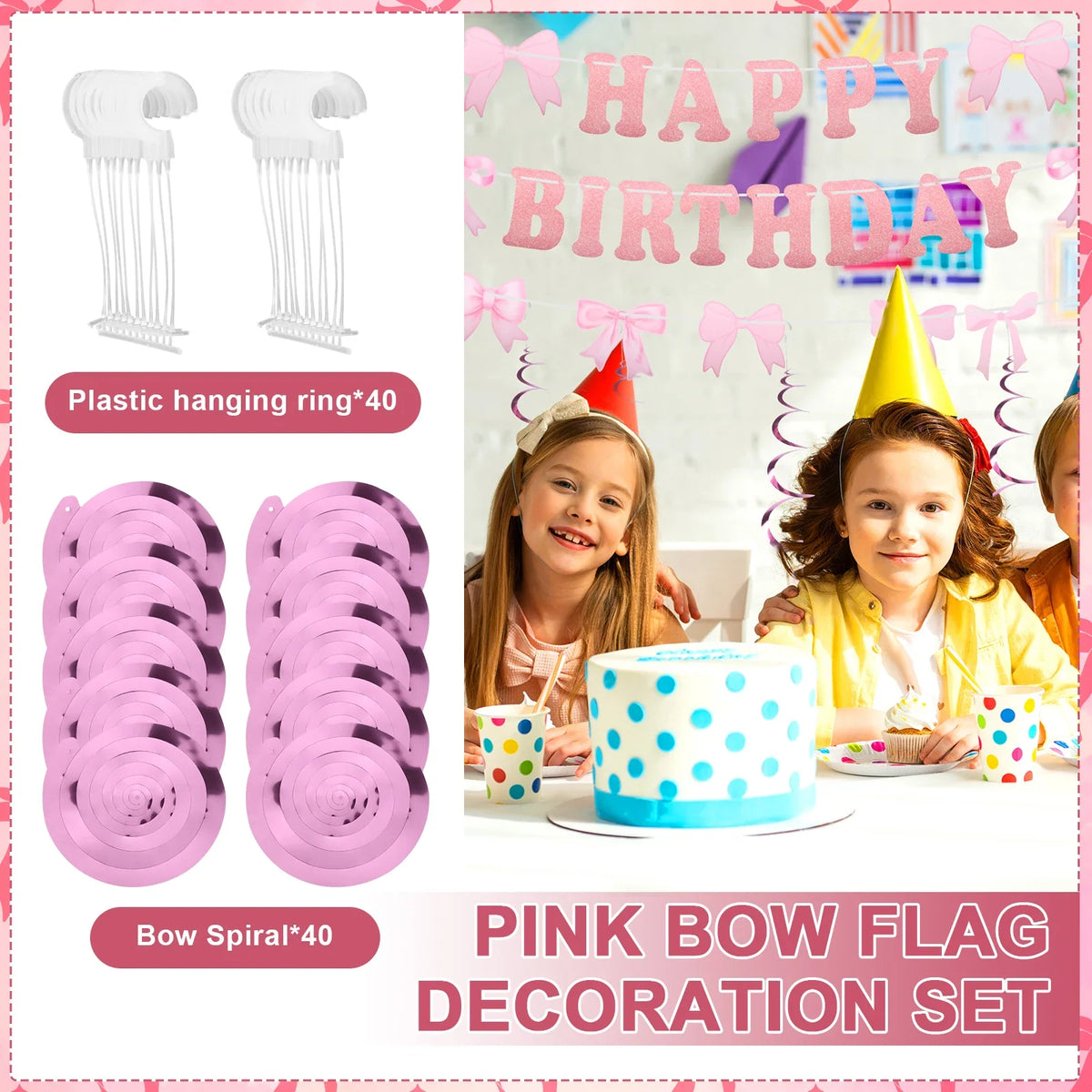 Pink Bow Happy Birthday Banner & Swirl Party Decoration Set