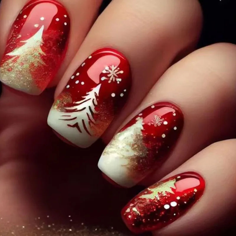 Christmas Snowflake Press On Nails 24pcs Red Gold Festive