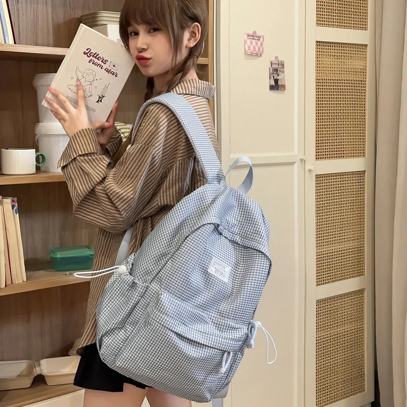 Japanese Plaid Canvas Backpack – Large Capacity Student Bag