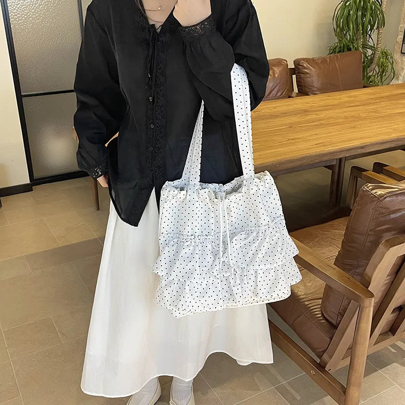 Korean Polka Dot Ruffled Tote Bag | Large Canvas Shoulder Bag
