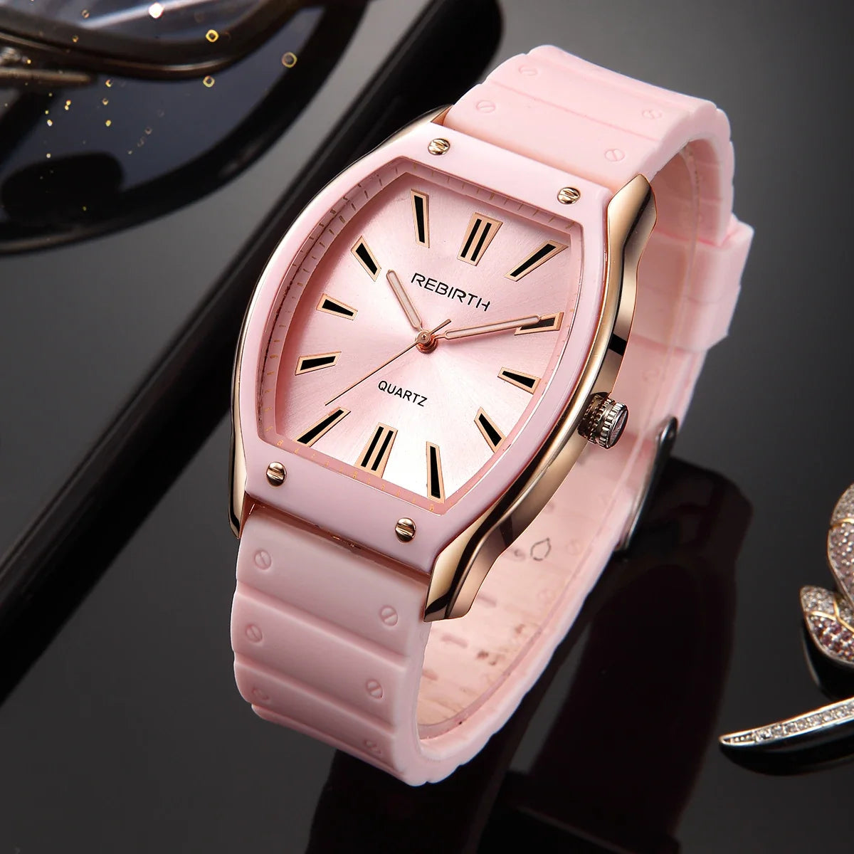 REBIRTH Unisex Casual Quartz Watch – Silicone Strap Tonneau Dial