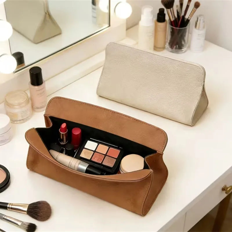Waterproof Leather Makeup Bag – Magnetic Closure Cosmetic Organizer