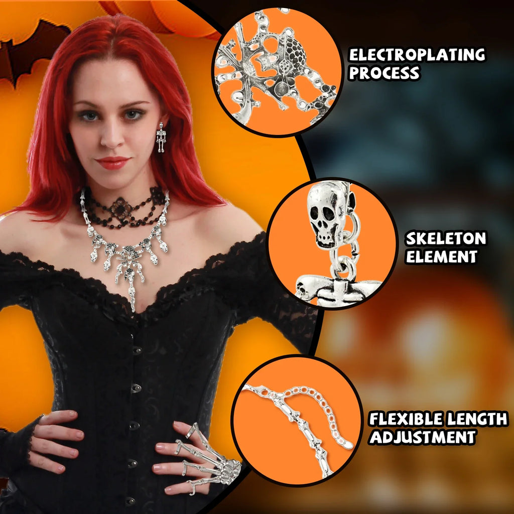 4Pcs Halloween Skeleton Jewelry Set – Necklace, Bracelet & Earrings
