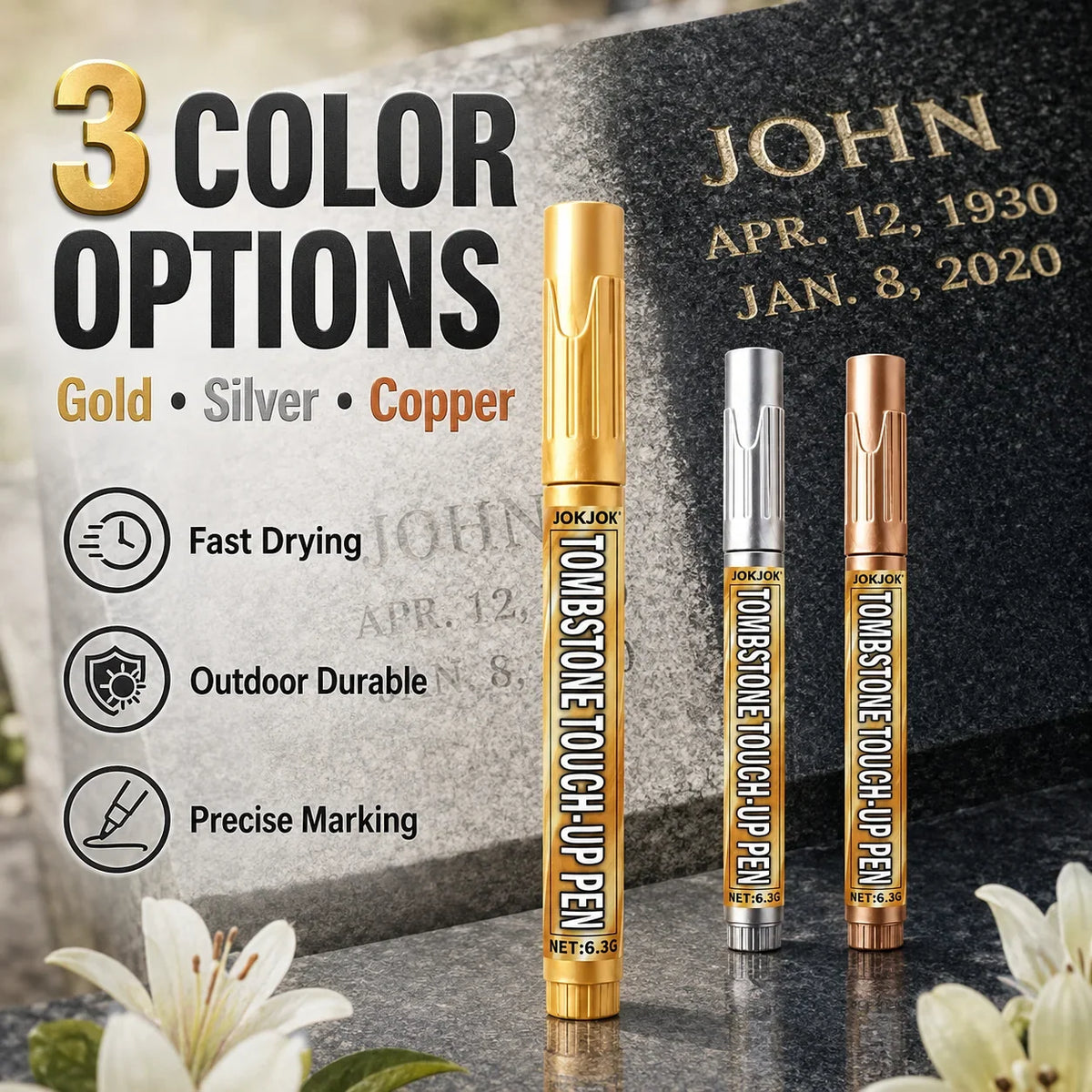 Tombstone Marker Pen – Gold, Silver & Copper for Granite Stone