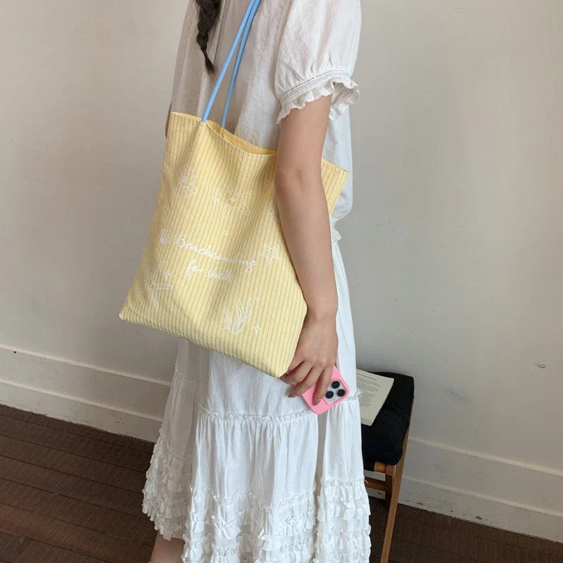 Women's Large Canvas Striped Tote Shoulder Bag | Korean Style