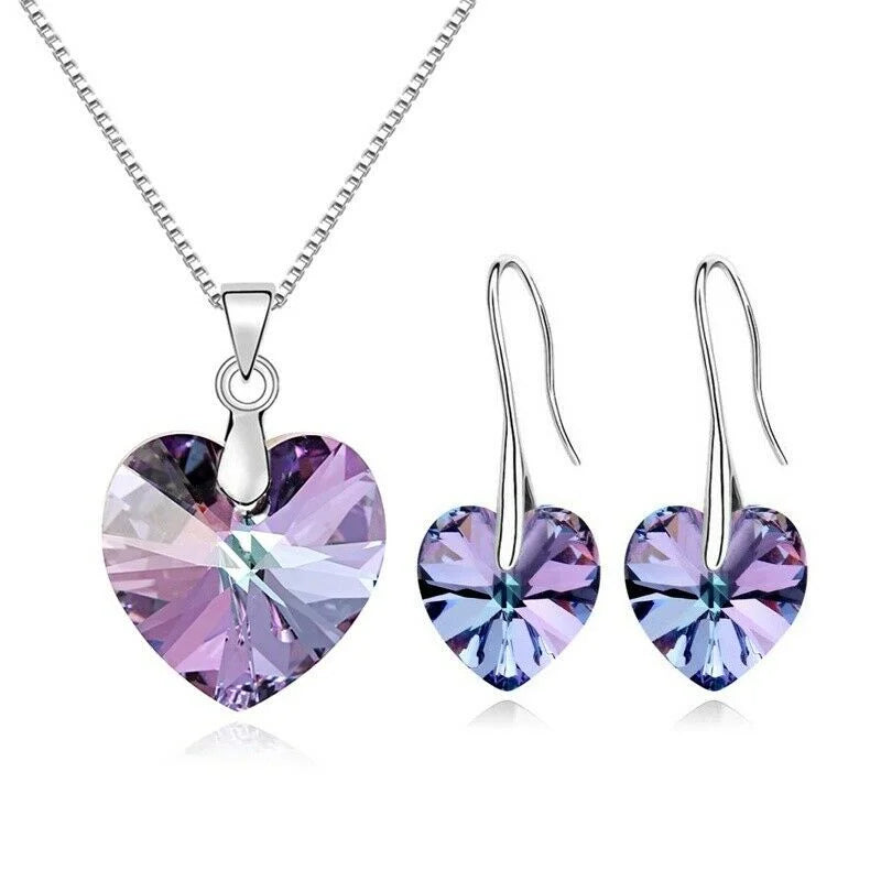 Women's Silver Purple Zircon Heart Necklace & Earrings Set