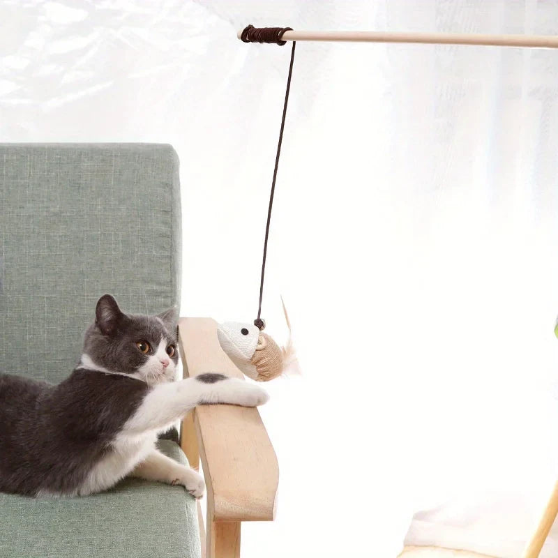 Wooden Cat Teaser Wand Toy – Feather Bell & Mouse Lure