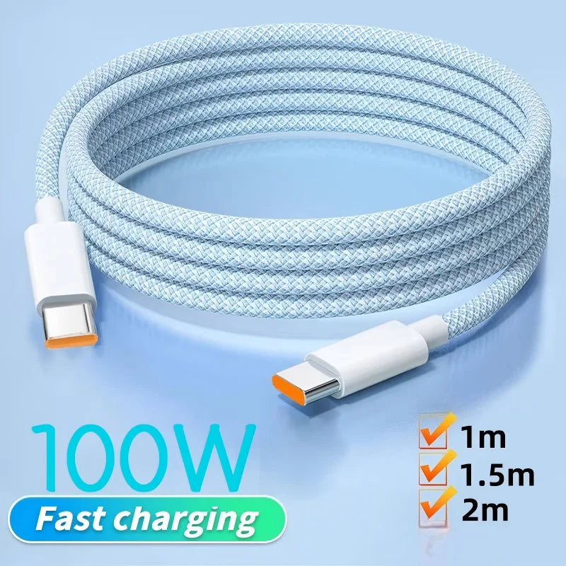 100W USB-C Braided Fast Charge Cable – 6A Type-C, 1M