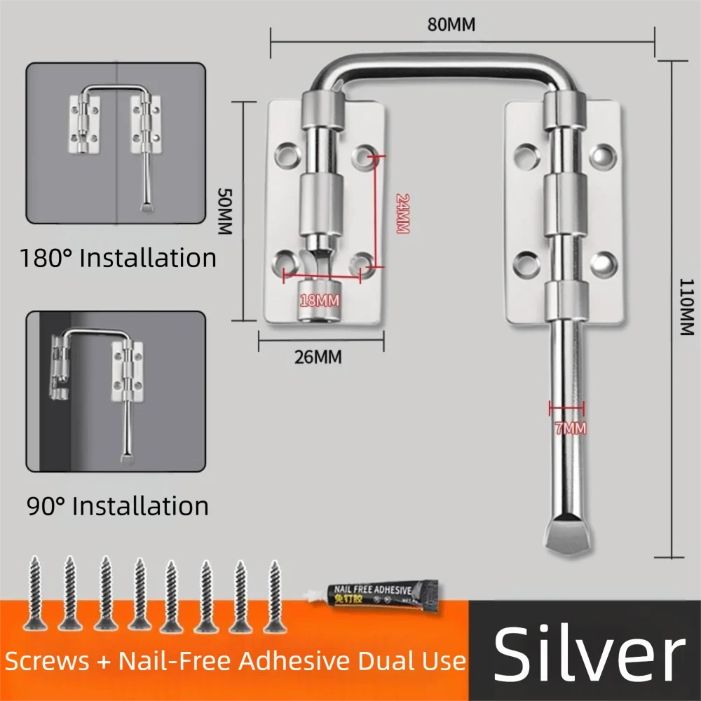 Stainless Steel Door Latch Lock 90/180° Safety Bolt for Gates