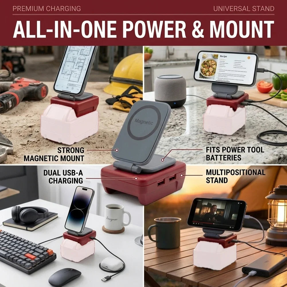 Magnetic Phone Holder Battery Adapter | Dual USB Charger 18V