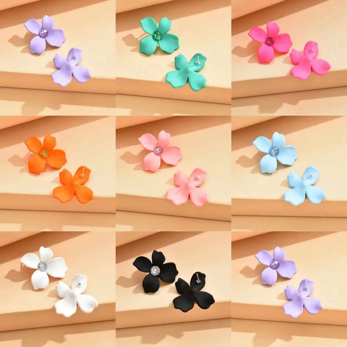 Colorful Flower Dangle Earrings – Acrylic & Rhinestone Studs