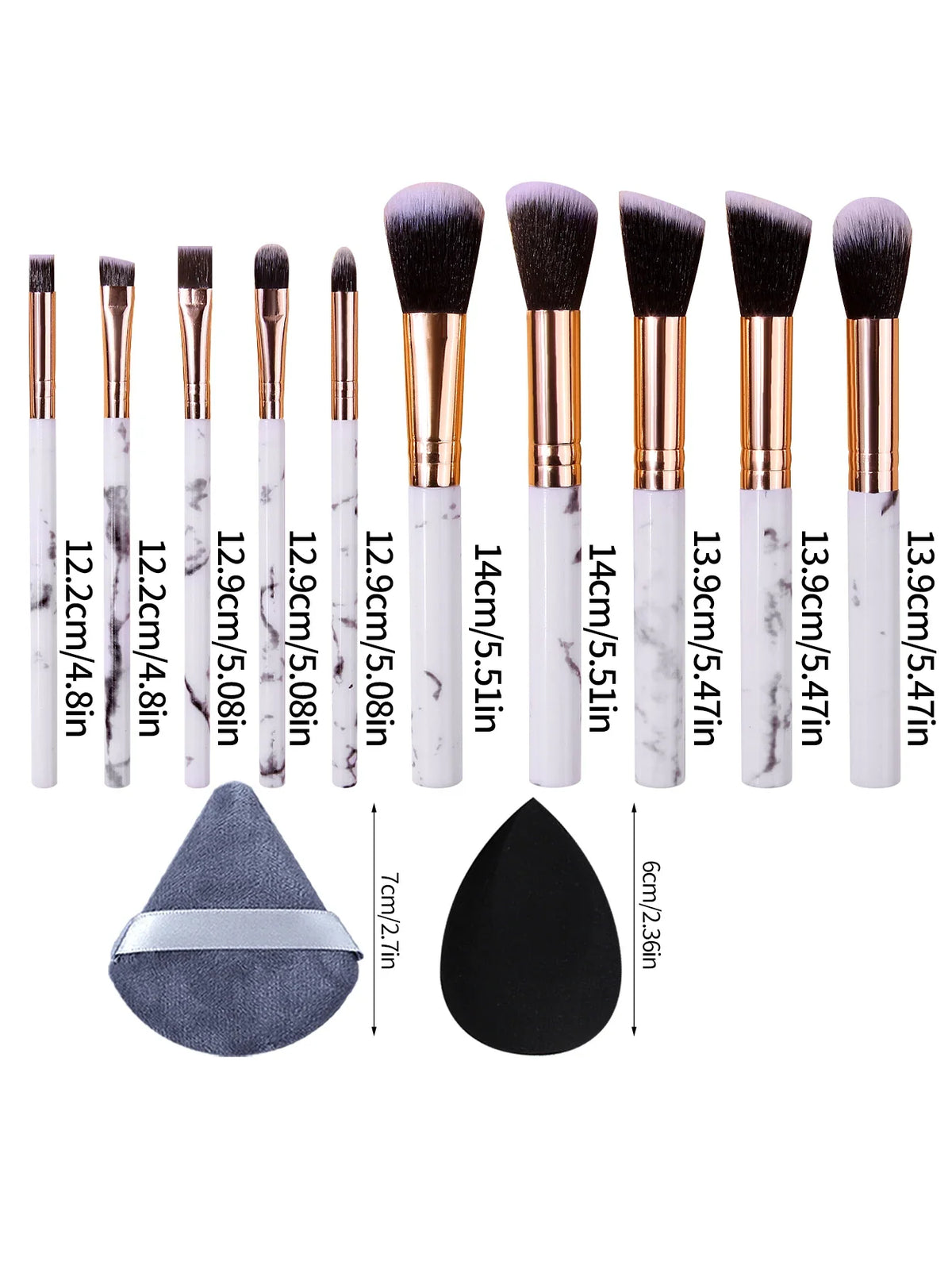 Marble Makeup Brush Set 12pc – Blush, Eyeshadow, Puff & Sponge