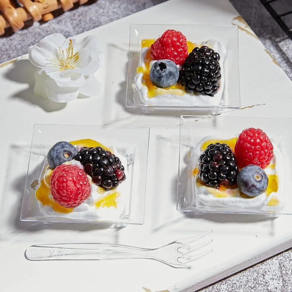 50pcs Clear Disposable Mini Square Dessert Trays & Serving Cups