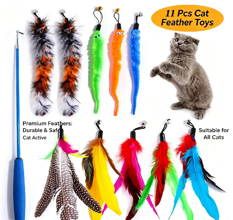 11-Piece Retractable Cat Feather Wand Toy Set – 10 Refills