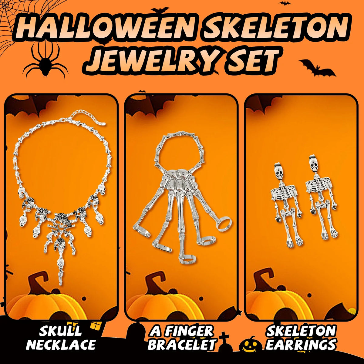 4Pcs Halloween Skeleton Jewelry Set – Necklace, Bracelet & Earrings