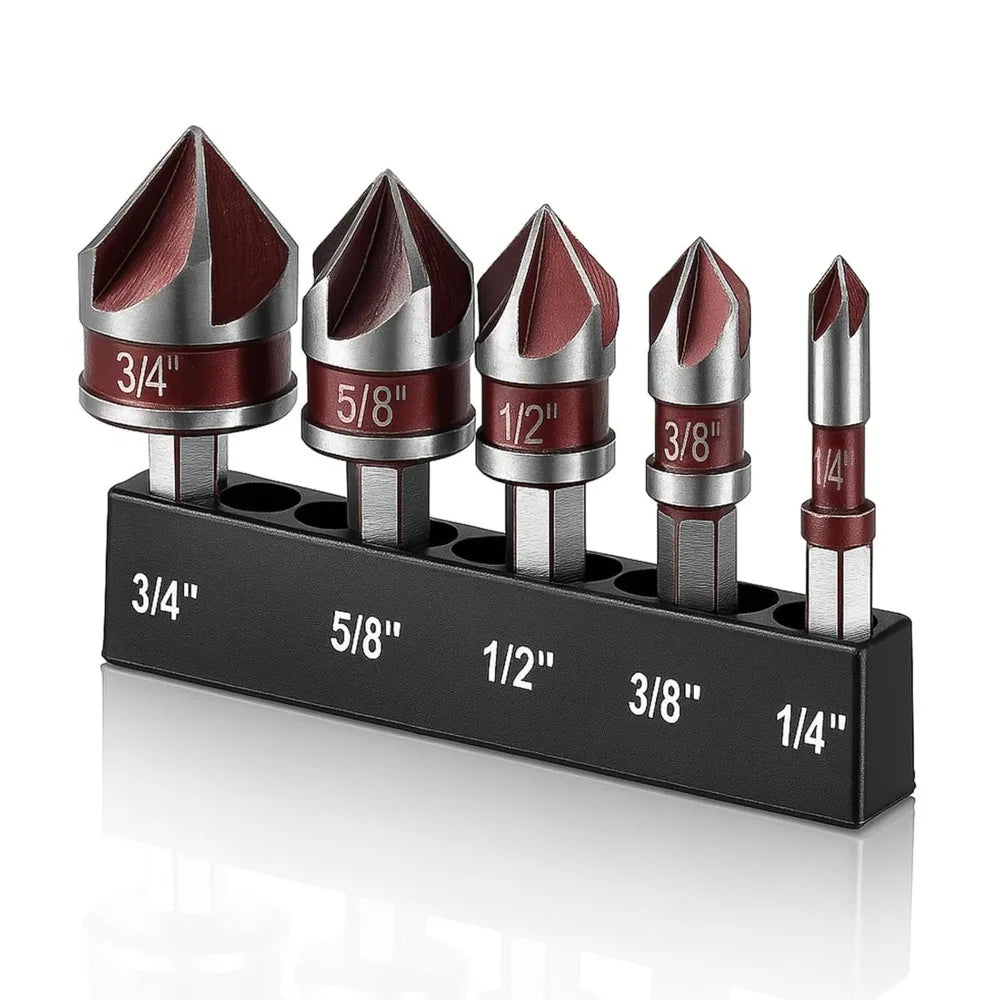 5-Piece Countersink Drill Bit Set | 1/4"–3/4" Hex Shank